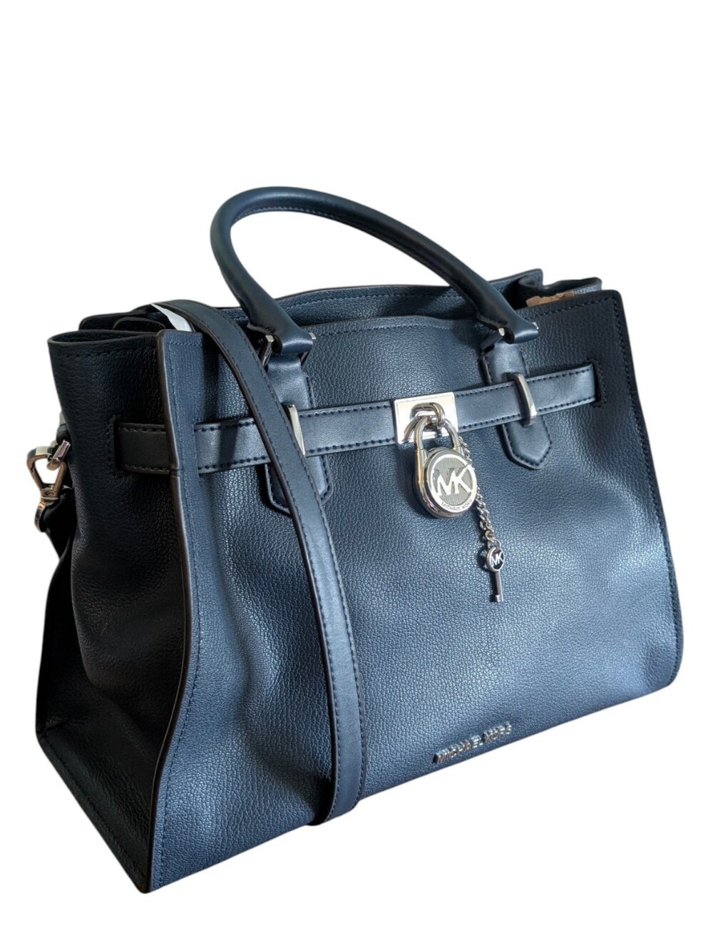 Michael Kors Hamilton Medium Navy Dark Blue Leather Satchel Bag